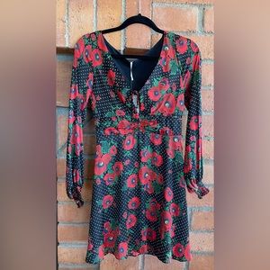 Free People Morning Light Black Print Long Sleeve Mini Dress floral satin size 4